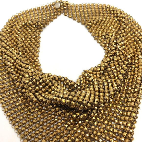 VINTAGE LARGE MESH SCARF NECKLACE TRIANGLE BRONZE GOLD TONE METAL STATEMENT - Picture 13 of 14